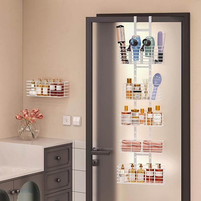 5-Tier Over The Door Organizer Bathroom Shelves Hair Tool Organizer - Hair Dryer Holder Adjustable Height, DIY Bathroom Storage Shelf Wall Mounted Behind The Door Storage