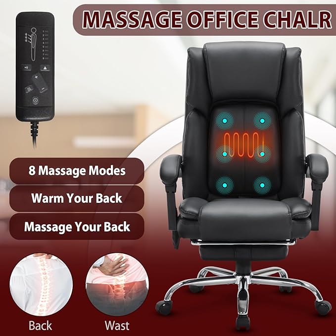Massage Office Chair with Heat,Executive Desk Chairs with Foot Rest, Reclining Chair Big and Tall for Heavy People,4 Points Vibration 500lbs,Adjustable Lumar Support Black
