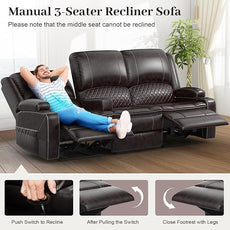 Recliner Sofa, 3 Seater Manual Reclining Sofa with 2-Tier Cushion, Reclining Couches for Living Room with Removable Console, Hidden Storage Space, Cup Holders - Brown