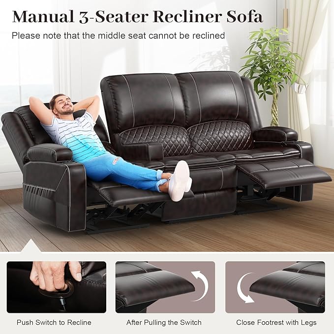3-Seater Recliner Sofa, Manual Reclining Couch with Multi-Functional Middle Seat, Reclining Sofa for Living Room with Hidden Storage Space, Cup Holders, and Removable Console - PU Brown