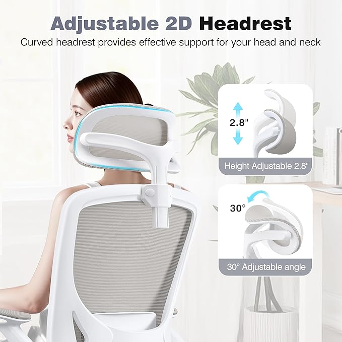 Office Desk Chair, Ergonomic Mesh Office Chair with Adjustable Lumbar Support, Headrest, Flip-up Armrests, Comfortable Computer Chairs for Home, Work, Gaming, Light Gray