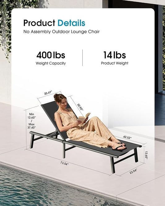 Ciokea Upgraded Aluminum Outdoor Lounge Chair - No Assembly Needed, Foldable Patio Chaise Lounge with 5 Adjustable Positions, Reinforced Frame for Extra Durability, Pool Beach Lounge Chair, Grey