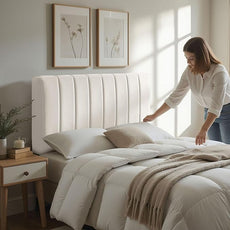 Hearth & Harbor Upholstered Queen Headboard - Easy Assemble Channel Stitched Headboard Queen Size - Wall Mounted Headboards with 3D Soundproof Wall Panels Peel & Stick Floating Headboards, Off White