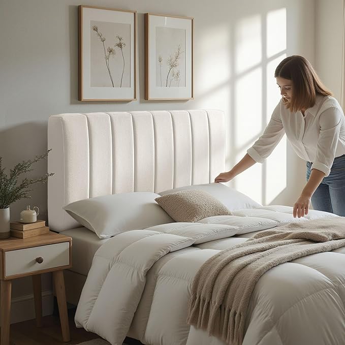 Hearth & Harbor Upholstered Queen Headboard - Easy Assemble Channel Stitched Headboard Queen Size - Wall Mounted Headboards with 3D Soundproof Wall Panels Peel & Stick Floating Headboards, Off White