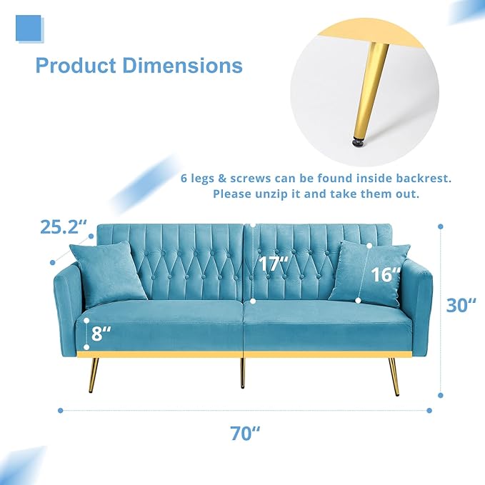 70” Velvet Futon Sofa Bed with 2 Pillows and Adjustable Armrests, Convertible Sleeper Bed W/Adjustable Backrests, Modern Loveseat for Living Room, Bedroom, Baby Blue