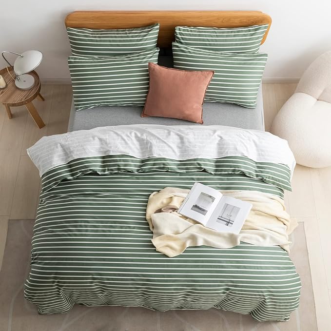 JELLYMONI King Duvet Cover Set, Cotton Duvet Cover 3 Pieces with Zipper Closure, 1 Duvet Cover and 1 Pillowcases(Green with White Striped)