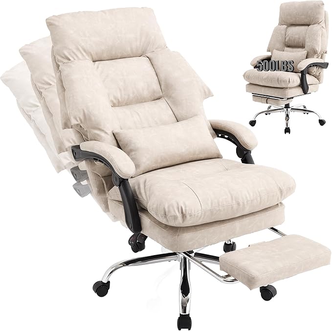 Office Chair with Footrest 500lbs,Reclining Leather Computer Chair for Heavy People, Big and Tall Comfy Executive Desk Chair with Lumbar Support & Pillow Black,High Back Vintage Color