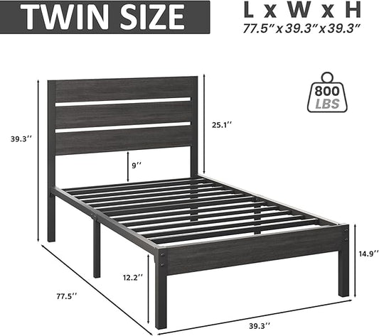 Twin Bed Frame with Headboard and Footboard, Metal Twin Bed Frame with Under Bed Storage, All-Metal Support System, No Box Spring Needed, Easy Assembly,Rustic Grey
