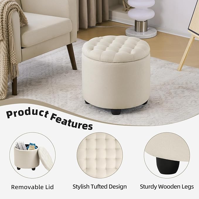 Furniliving Modern Round Storage Ottoman,Button Tufted Ottoman Foot Stools Ottoman Footstool with Removable Lid Storage Ottoman for Living Room, Bedroom, Makeup Room，Beige