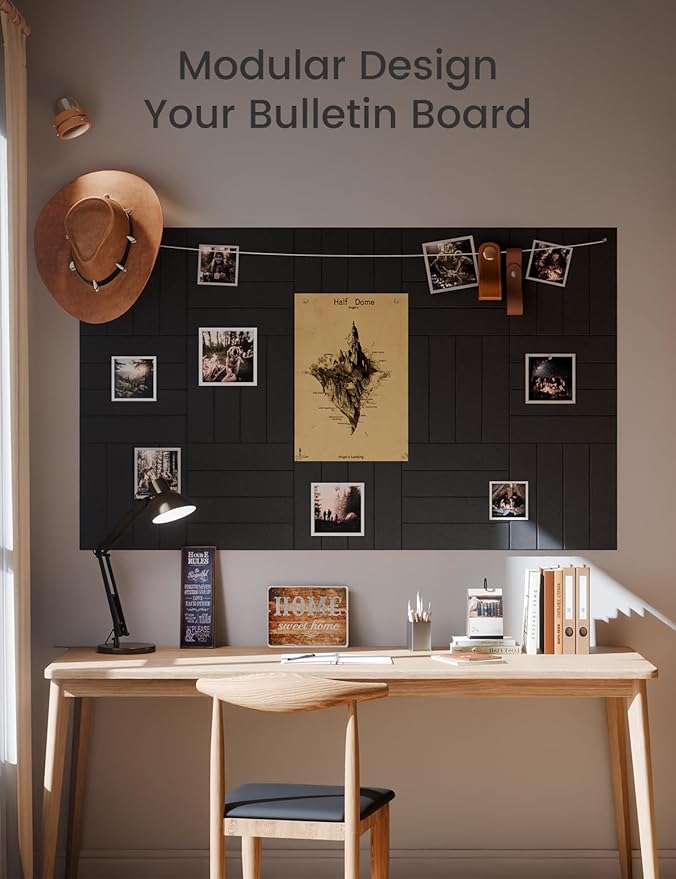 Felt Bulletin Board Tiles Large 48" x 36" Cork Board Alternative-12 Pack with 70 Adhesive Tabs, Thick Slat Wall Panels for Office Decor, Push Pin Board Wall Organizer Alternative -Black