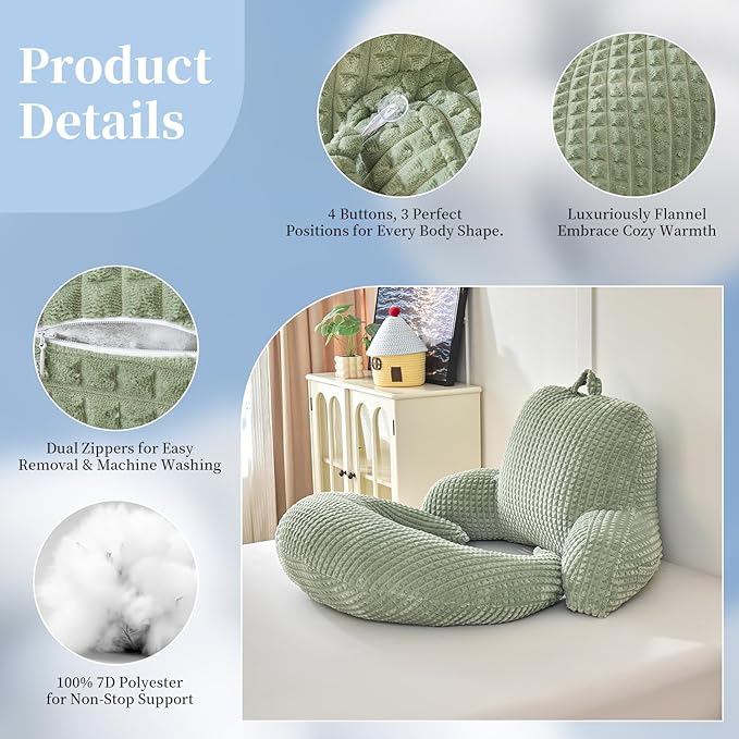 Reading Pillow for Bed,U Shaped & Back Support Pillow for Bed,17" Backrest with Lumbar & Arm Support,Comfy Flannel Fabric,Lap Pillow for Gaming/Reading/Watching TV,Green