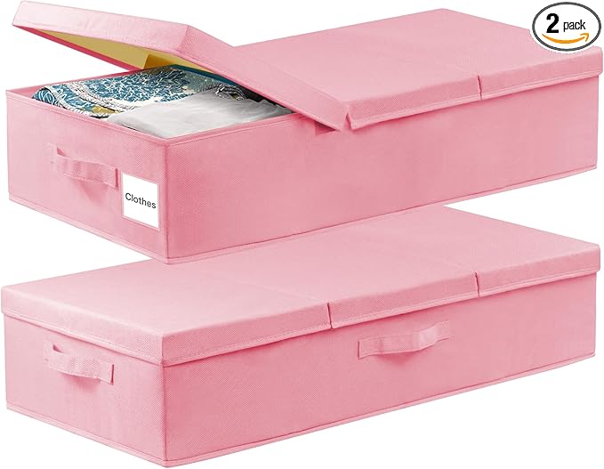 punemi Under Bed Storage With Lids, 2 Pack Pink Underbed Storage Bins Containers for Girls Daughter, Large Low Profile Stackable Drawer Organizer Box for Clothes Bedroom Couch Closet Basement