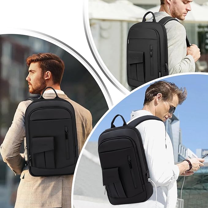 Business Backpack for Men Slim Lightweight Laptop Backpack Water Resistant Small Office Backpack for Commute Travel Daily Office Work with Small Bag (Black)