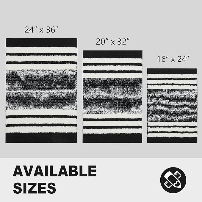 CozeCube Bath mats for Bathroom Non Slip, Fluffy Absorbent Microfiber Bath mat Washable, Aesthetic Bathroom Rugs, Large Jet Black Striped Bath mat, Jet Black, 36" x 24"