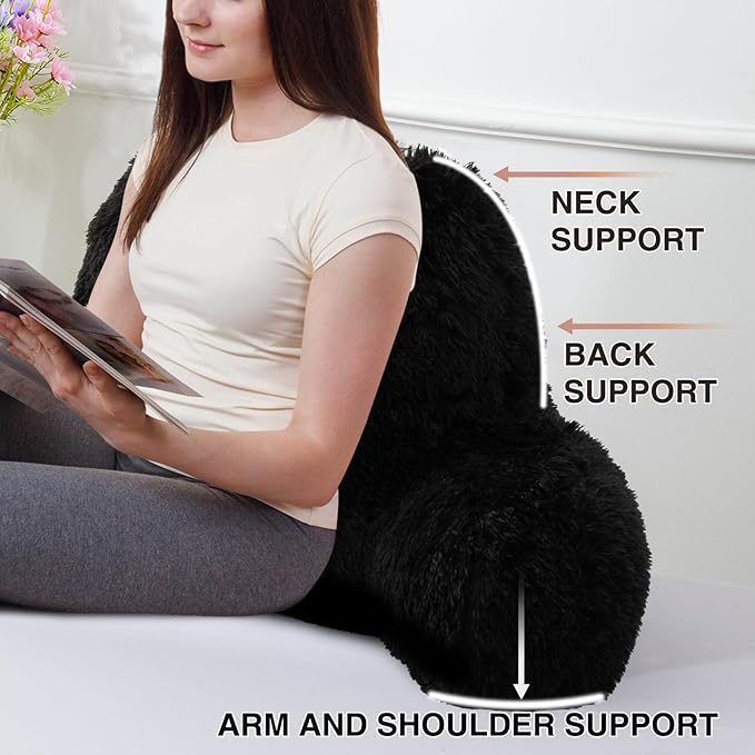 A Nice Night Faux Fur Reading Pillow Bed Wedge Large Adult Children Backrest with Arms Back Support for Sitting Up for Bedrest,Black
