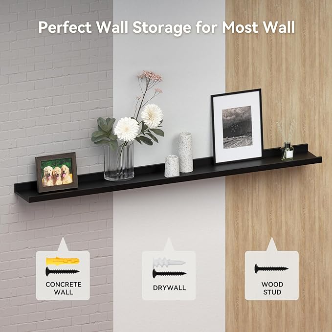 47.2 Inches Long Floating Shelves Wall Mounted, 2 Set Modern Wall Shelf for Bedroom, Nursery Book Shelf with Lip, Picture Ledge Shelf for Decor Living Room Bathroom Kitchen - Black