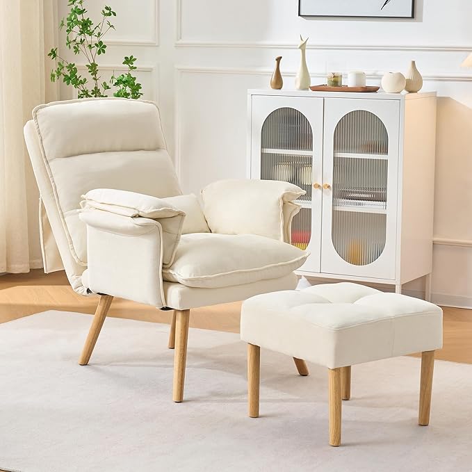 Modern Adjustable Accent Chair with Ottoman, Soft Fabric Reading Chair with Adjustable Backrest and Pillow, Comfy Lounge Chair with Armrests for Living Room, Bedroom, Apartment, Office, Dorm,Beige