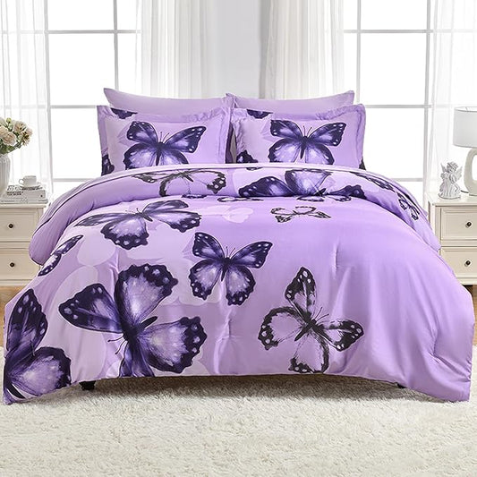 ARTALL Bed in A Bag Full/Queen Size 7 Pieces, Purple Big Butterfly Bedding Comforter Set All Season Bed Set with Comforter, Pillow Shams, Flat Sheet, Fitted Sheet, Pillowcases