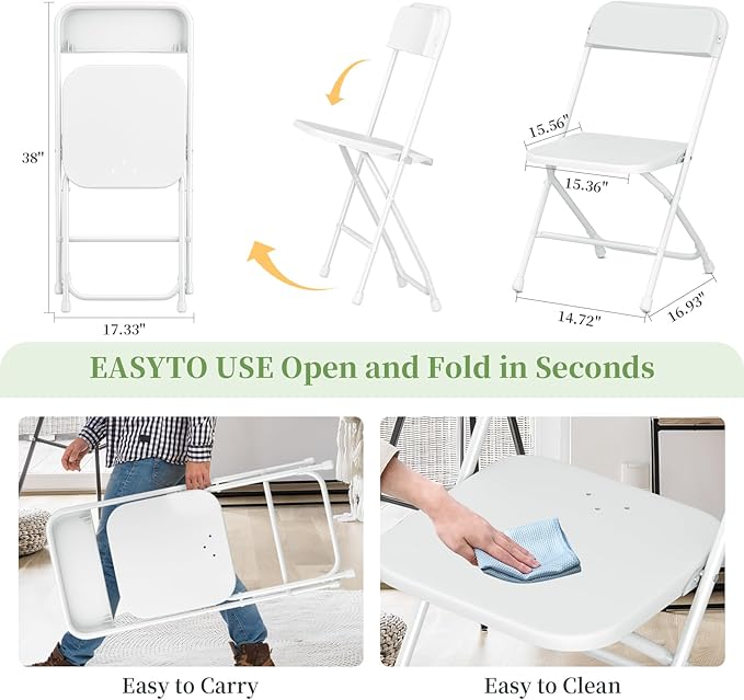 Folding Chair10Pack,White Folding Chairs for Indoor Outdoor,Portable Plastic Stackable Commercial Seat with Steel Frame 350lb.Capacity for Party Events Wedding Dining Picnic Office