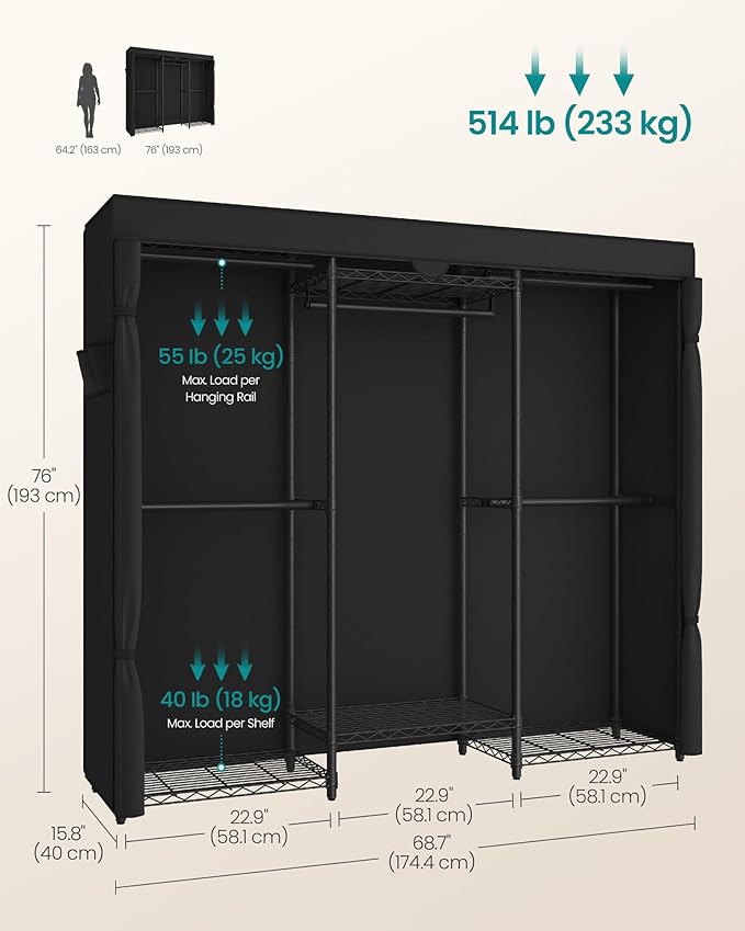 SONGMICS Heavy-Duty Clothes Rack, Garment Rack, Portable Closet, 68.7-Inch Wide Clothing Rack with Adjustable Mesh Shelves and Hanging Rails, Ink Black ULGR435B01