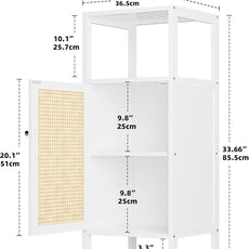 Bamboo Floor Rattan Cabinet, Narrow Bathroom Storage Organizer Rack, Space Saving Wood Kitchen Cupboard, Hallway Side Table, Living Room Stand with Single Door and 1 Shelf (White)