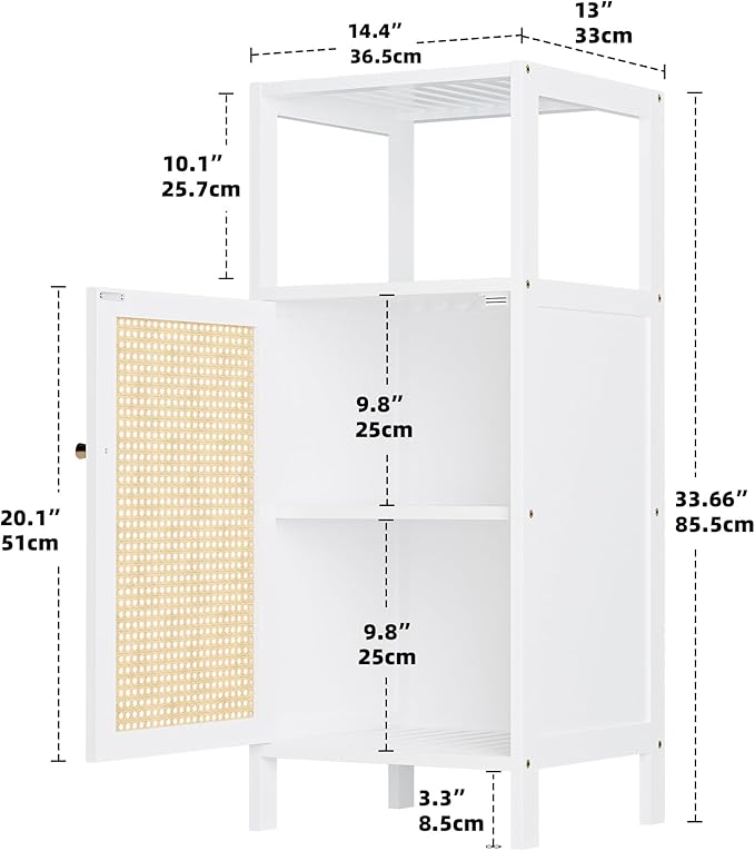 Bamboo Floor Rattan Cabinet, Narrow Bathroom Storage Organizer Rack, Space Saving Wood Kitchen Cupboard, Hallway Side Table, Living Room Stand with Single Door and 1 Shelf (White)