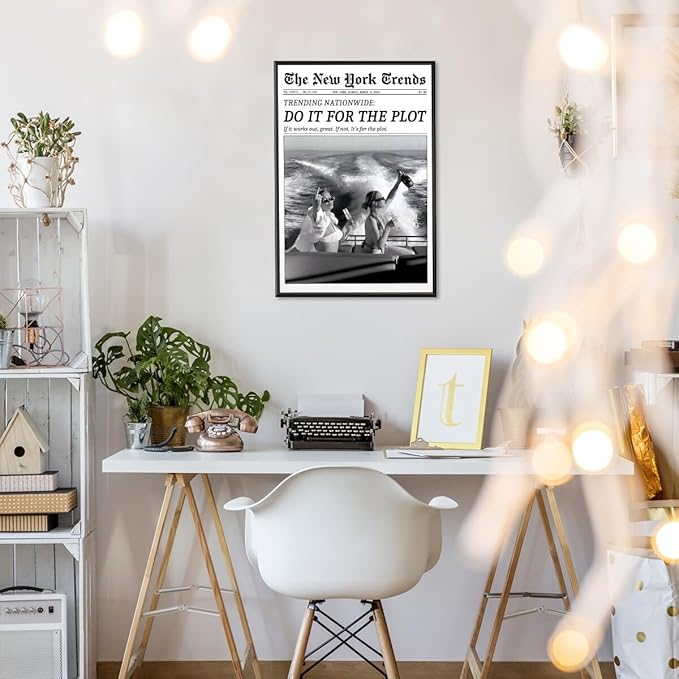 Retro New York Trends Wall Art Black and White Newspaper Poster Do It for The Plot Canvas Prints Funky Feminist Posters Trendy College Wall Decor for Bar Cart Hot Girl Dorm Room Decorative 16x24inch black framed