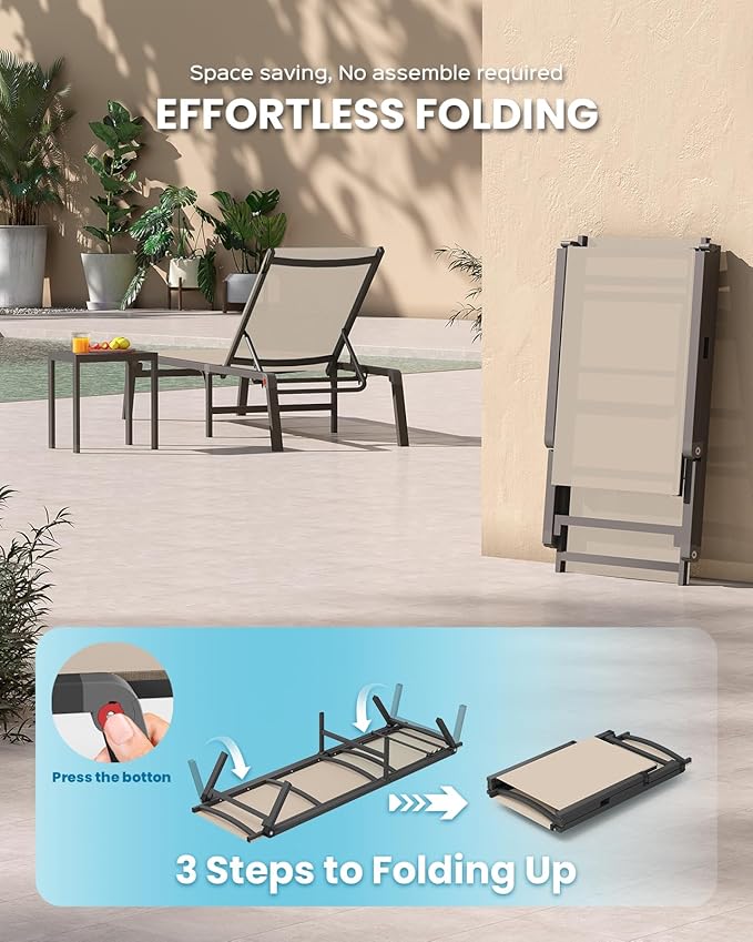 Foldable Pool Lounge Chairs, Aluminum Chaise Lounge Outdoor with 5 Positions Recliner - Free Assembly - Patio Lounge Chair for Poolside, Beach (Khaki)
