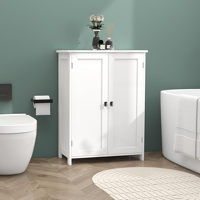 TaoHFE White Bathroom Floor Cabinet,Small Storages Cabinets with 2 Doors Bath Room Storage Cabinet,Small Bathroom Storage Cabinet for Living Room, Entryway,White