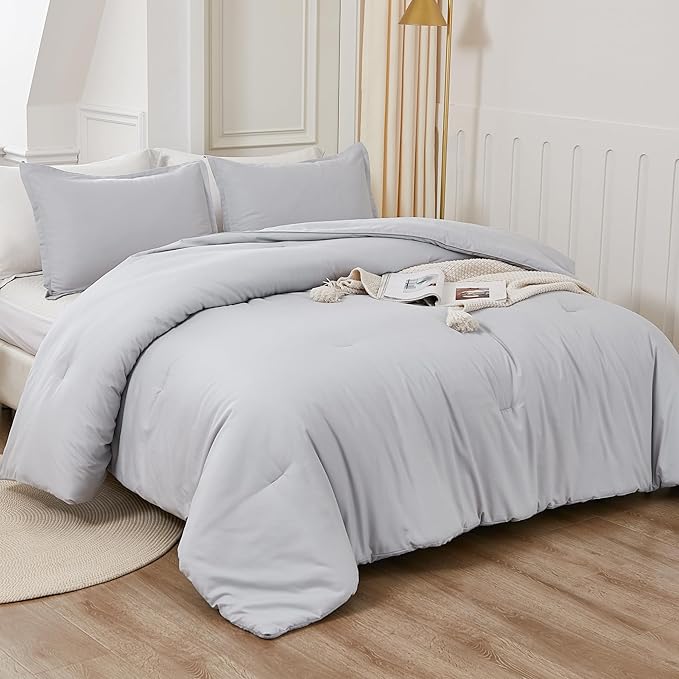 Litanika Comforter Set, Lightweight Solid Bedding Comforter Set, Fluffy Down Alternative Bed Set, Light Grey, Twin/Twin XL