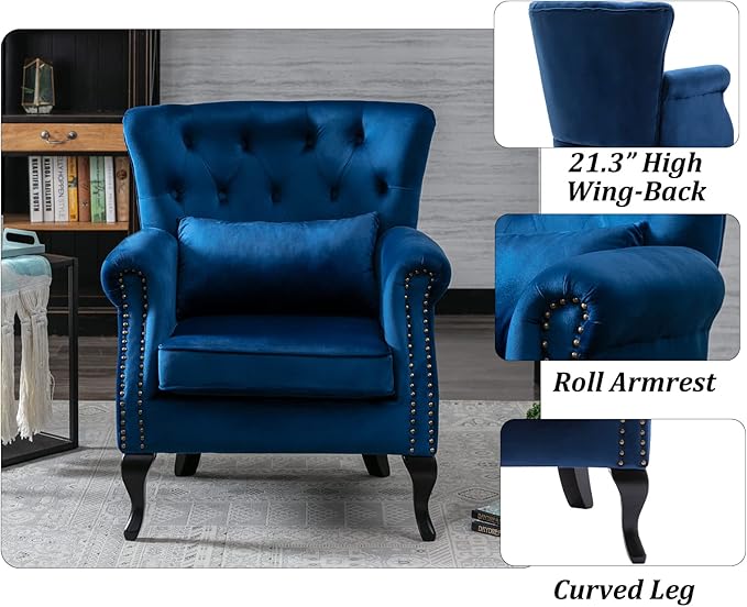 Set of 2 Mid-Century Modern Accent Chair, Velvet Armchair w/Tufted Back/Wood Legs, Upholstered Lounge Arm Chair Single Sofa for Living Room Bedroom, Blue