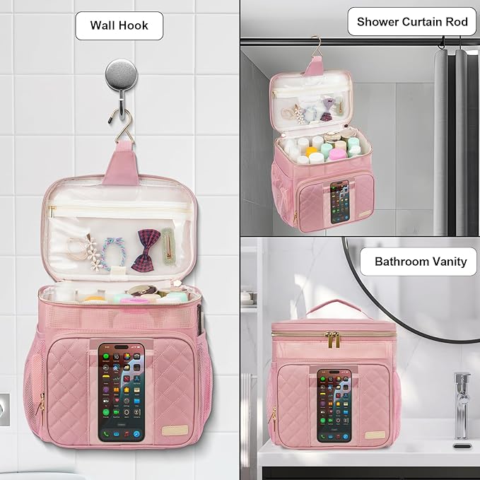 Portable Shower Caddy (Full Size Bottle Compatible),Travel Shower Tote Bag with Quick Dry Mesh Base,Hanging Toiletry Cosmetic Bag for Gym,College,Camping & Dorm, Pink