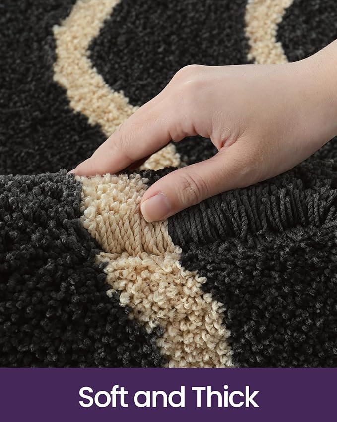 DEXI Wave Striped Bathroom Rug Washable, 20x32 Non Slip Bath Mat Absorbent, Ultra Soft Plush Microfiber Bathmat Quick Dry for Shower Floor, Tub, Sink, Black