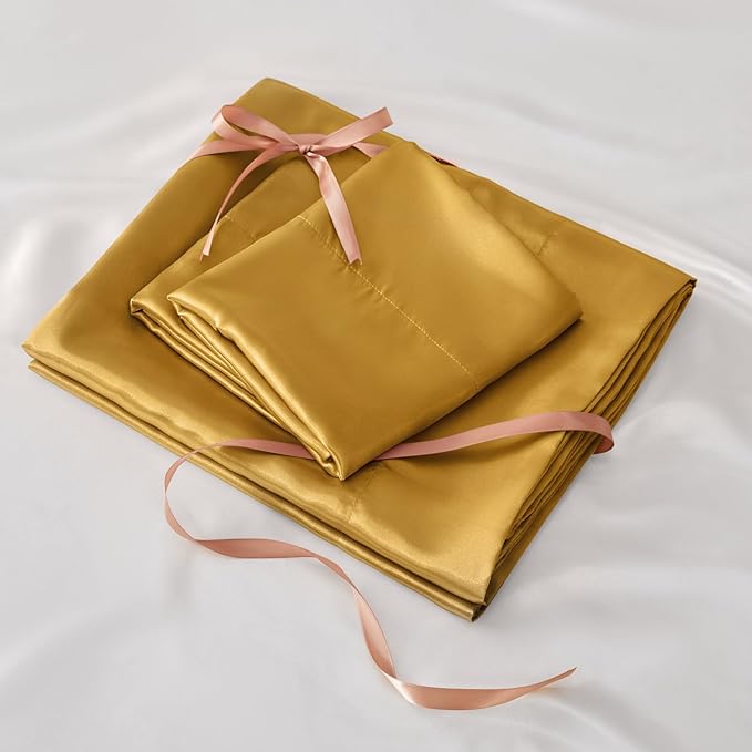 BEDELITE Satin Sheets Queen Size Bed Set, Luxury Soft Gold Silky Sheets for Hair and Skin, Similar to Silk Bed Sheets Set 4 Pieces with 1 Deep Pocket Fitted Sheet, 1 Flat Sheet, and 2 Pillowcases