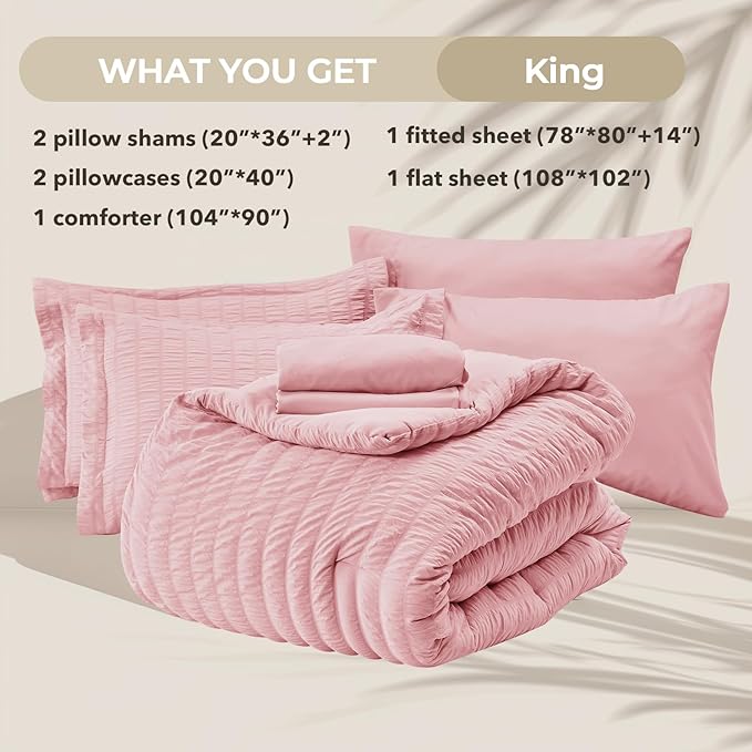 HYMOKEGE Pink King Size Comforter Set Seersucker 7 Pieces, All Season Luxury Bed in a Bag for Bedroom, Bedding Set with Comforters, Sheets, Pillowcases & Shams