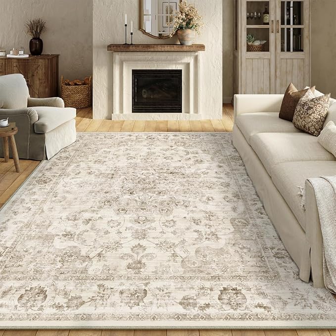 9x12 Neutral Area Rug Beige Vintage Living Room Bedroom Washable Carpet Non-Slip Soft Medium Pile Floral Indoor Large Throw Rug for Dining Room Office