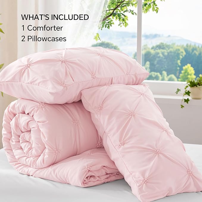 BEDELITE Baby Pink Twin Comforter Set - 2 Peices Boho Pintuck Bedding Comforter Sets, Lightweight Soft & Warm Twin Bedding Sets with 1 Pillowcase for All Season