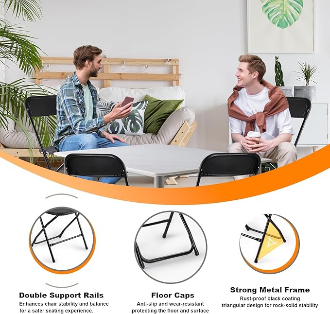 8 Pack Black Folding Chairs, Portable Stackable Commercial Foldable Chair, Indoor Outdoor Plastic Folding Chair for Events/Office/Home/Wedding/Party, 400lbs Capacity