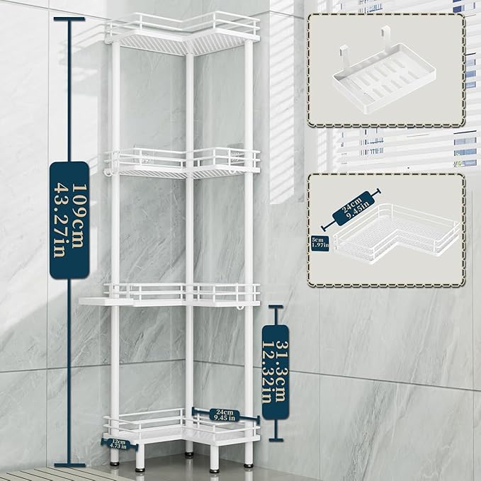 Consumest Corner Shower Caddy Standing - 4-Tier Stainless Steel Shower Organizer with Soap Holder and 4 Hooks, Large Capacity Corner Shelf Stand for Bathroom, Rest Room, White