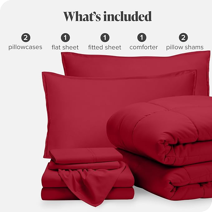 Bare Home Bed-in-A-Bag 7 Piece Comforter & Sheet Set - Full - Goose Down Alternative - Ultra-Soft 1800 Premium - Bedding Set (Full, Red/Red)