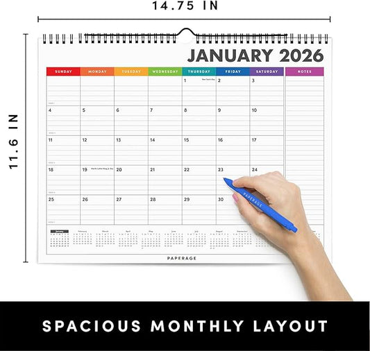 PAPERAGE 2026 Calendar, 12 Months (January 2026 - December 2026), Medium (11.5 in x 14.75 in), Minimalist Wall and Desk Calendar with Monthly Views, Yearly Plans & Notes Section – Rainbow