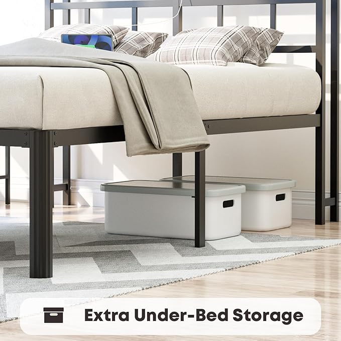 Twin Bed Frame - Heavy Duty Metal Bedframe with Storage Headboard Charging Station, Easy Assembly, No Box Spring Needed, 18 Inch, Black