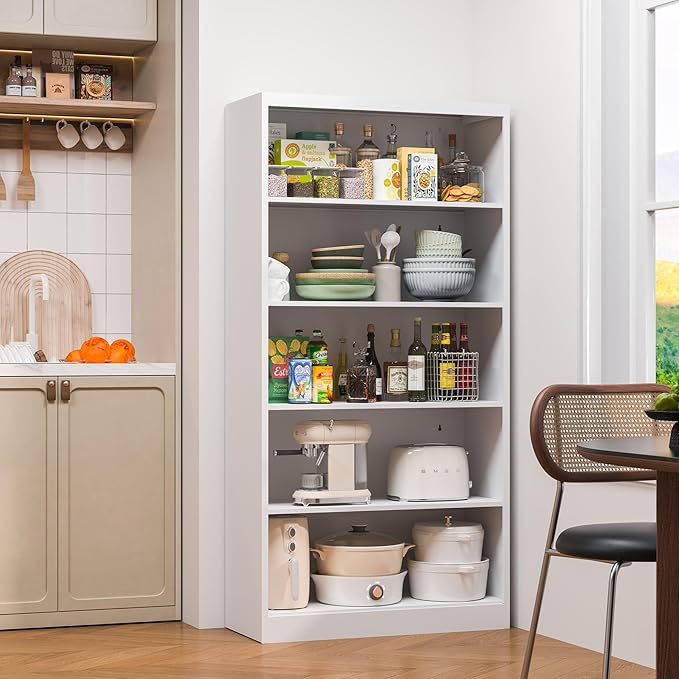 Bookcase,5 Tier White Bookshelves,66" Tall Free Standing Metal Bookcase with Adjustable Storage Shelves, Industrial Wide Bookshelf for Bedroom Living Room Home Office School