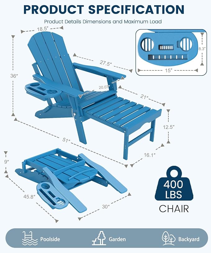 FOOWIN Folding Adjustable Adirondack Chair with Retractable Ottoman Set of 2, HDPE Adirondack Chair w/4 in 1 Cup Holder Trays,All-Weather Resistant Fire Pit Chair for Outdoor Patio Lawn, Pacific Blue