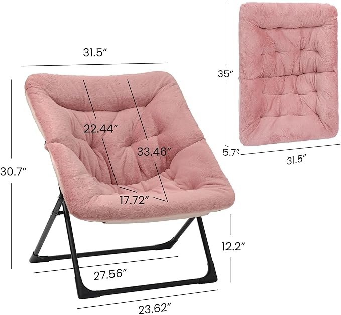 Comfy Saucer Chair for Adults, Soft Faux Fur Bedroom Chair, Accent Dorm Chairs, Flexible Living Room Reading Chairs, Oversized Folding Lounge Seat for Teens, X-Large, Dusky Pink
