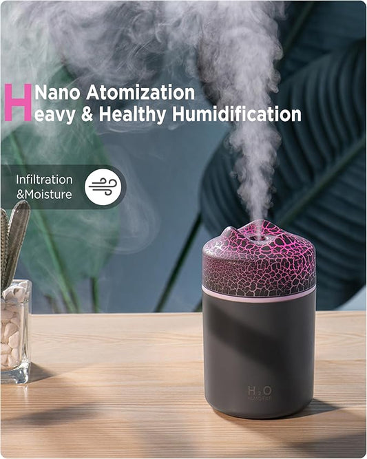 Portable Mini Humidifier, Colorful Volcanic Texture, 300mL Cool Mist Humidifier, USB Powered, Auto Shut-Off. Perfect for Bedroom, Office & Car.