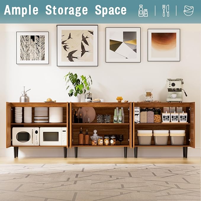 CHUWELL Farmhouse Storage Cabinet Set of 2, 63" Buffet Cabinet with 4 Doors and Adjustable Shelf, Sideboard Coffee Bar with Solid Wood Feet for Kitchen,Dining Room,Living Room,Brown