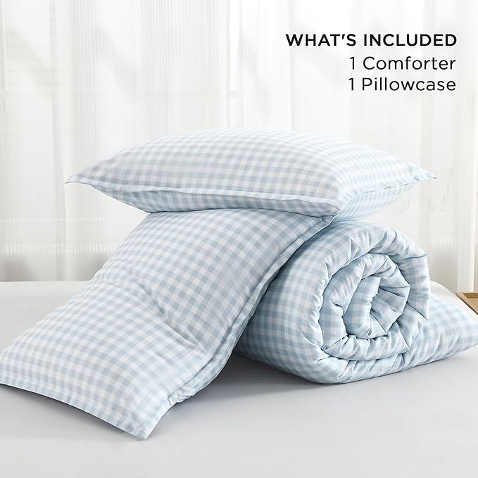 Andency Light Blue Gingham Comforter Set Twin(66x90Inch), Checkered Grid Plaid Buffalo Bed Set for Girls Boys Kids Teens, 2 Pieces Lightweight Microfiber Geometric Preppy Bedding