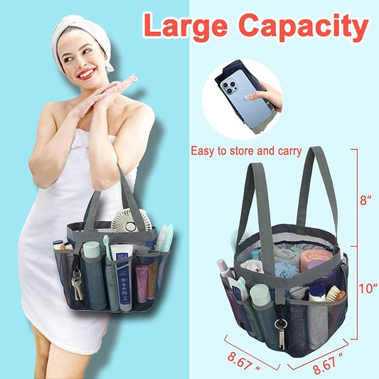 Mesh Shower Caddy Portable for College Dorm Room Essentials, 8-Pocket Large Shower Basket Tote Bag with 2 Handles for Toiletry, Bathroom, Beach, Camp, Gym