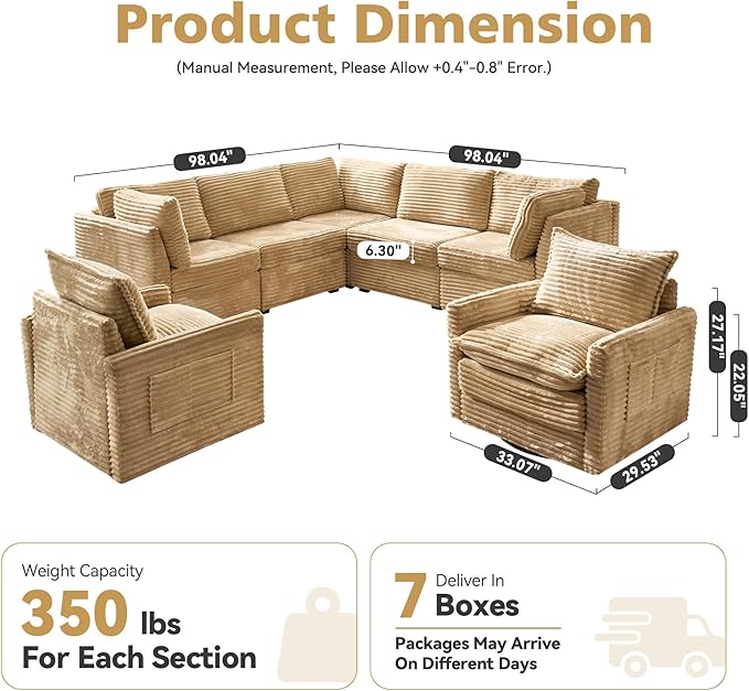 Modular Sectional Sofa, 98" L Shaped Couch Set for Living Room, 4-Seater Comfy Cloud Couches with Swivel Chairs, DIY Combination, Plush Corduroy, Beige